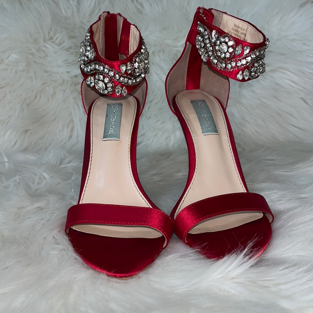 Betsy Johnson Blue bottom Red Satin Heels with Rhinestone Ankle Strap